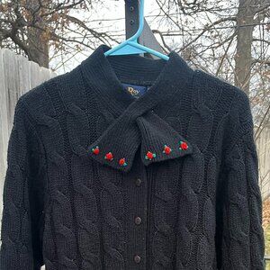VTG Black Cable Knit Cardigan Rose Embroidered Tie Neck Bow Grandpa Cottagecore